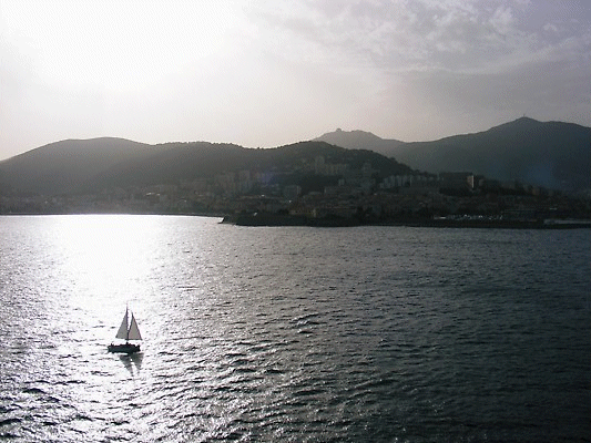 Sailing Boat at Sunset, Corsica, France