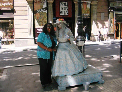 Jacqui with one of the many Rambla Living Statue people, Barcelona, Spain