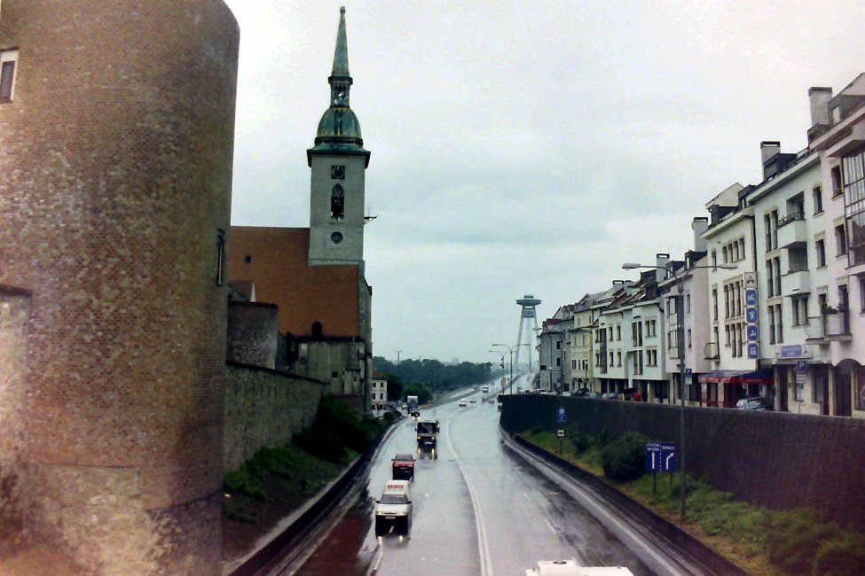 View of the Road heading to the Bridge with bits of City Walls, Bratislava, Slovakia