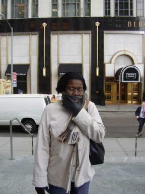 Jacqui's Mum looking very cold outside FAO Schwartz, New York, USA