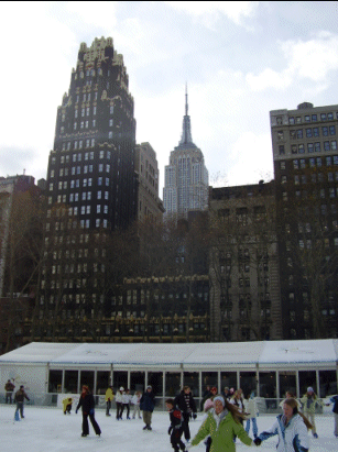 Skaters and Empire State, Bryant Park, New York, USA