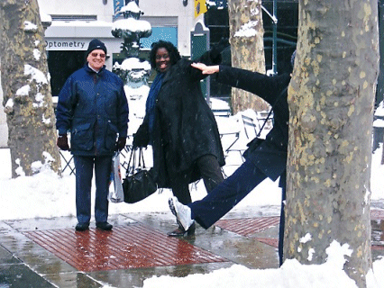 Silly people in the snow at Bryant Park, New York, USA