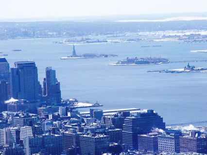 Looking to Liberty and Ellis Islands from the Empire State Building, New York City, USA