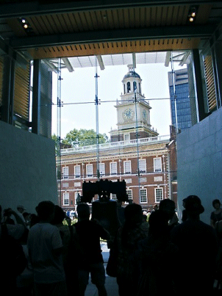 Crowd around the Liberty Bell, Independence Hall behind, Philly, PA, USA