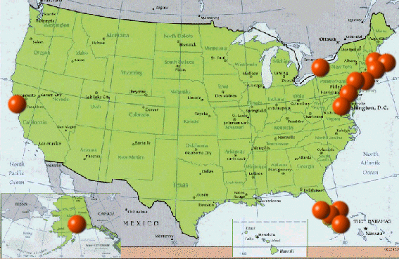 Detailed map of the USA showing places visited