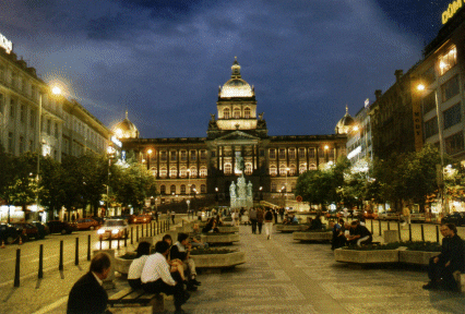 St. Wenceslas and the Museum floodlit, Prague, Czech Republic
